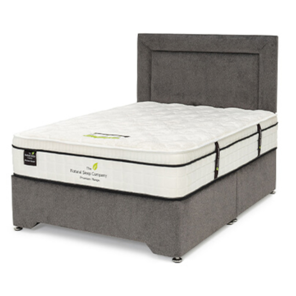 Florida grey bed base with mattress on a white background Des Kelly