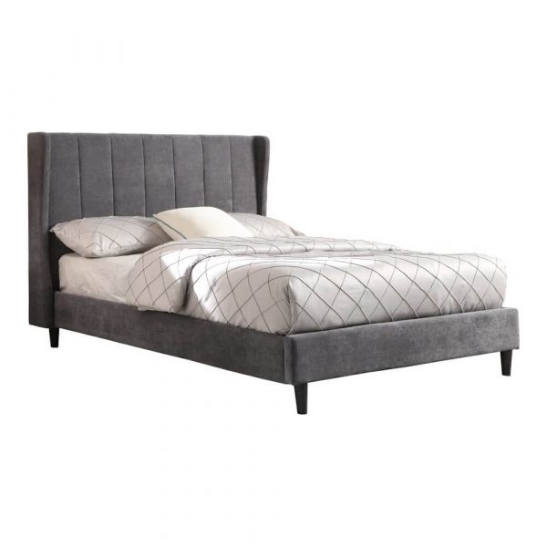 Grey solid bed frame with pillows on a white background Des Kelly