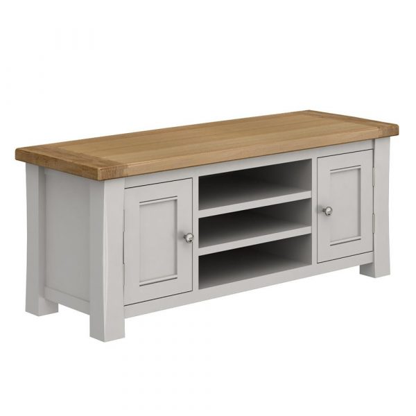 Amberly solid wood tv unit with drawers on a white background