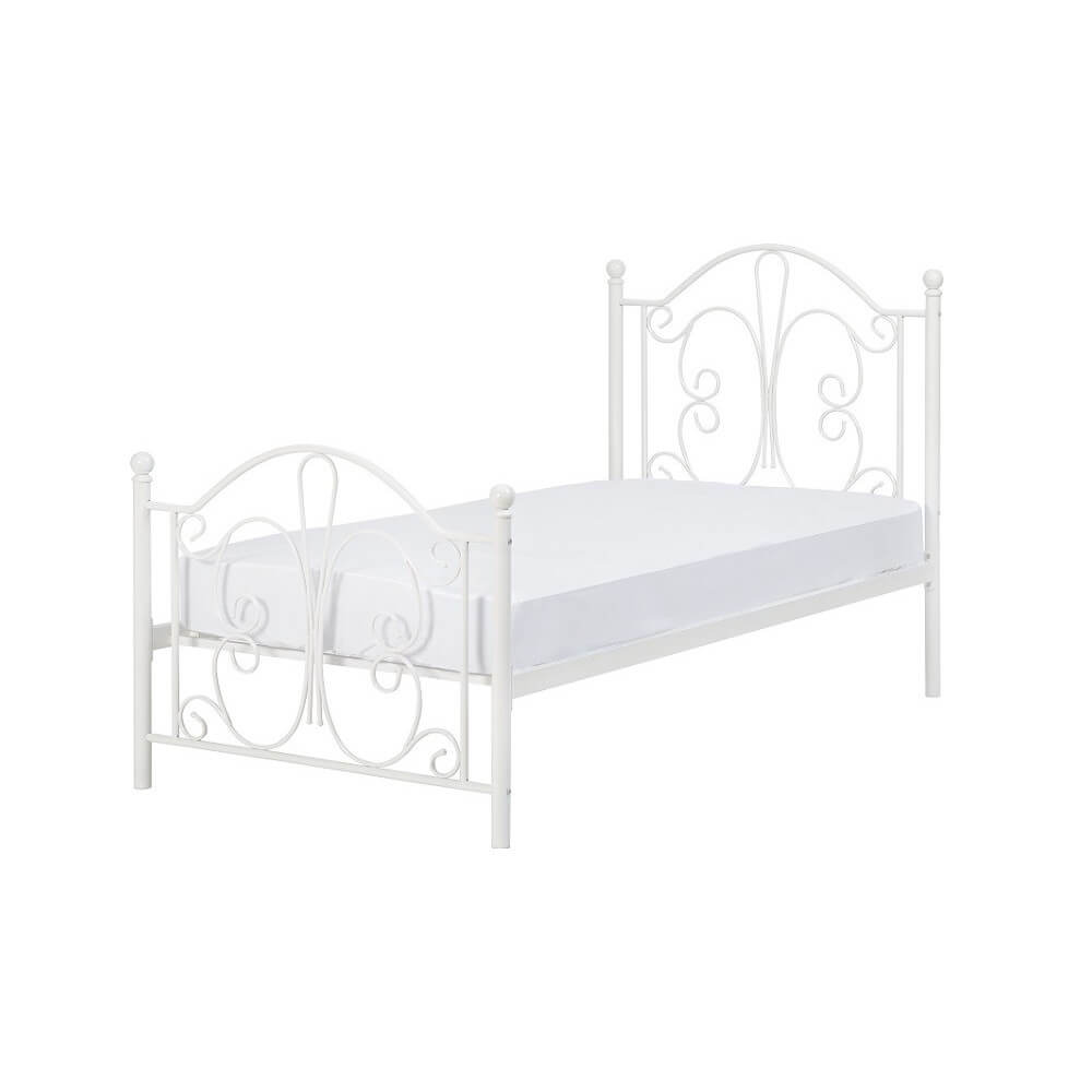 Metal white bedframe for kids on a whit background
