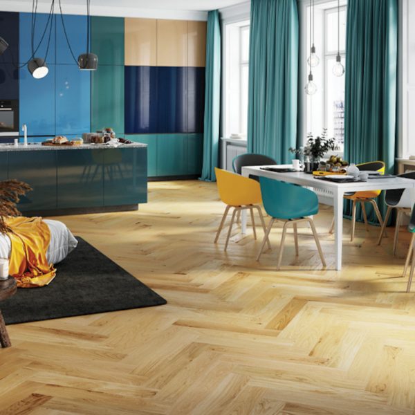 Barista oak crema herringbone wood floor and a dining set