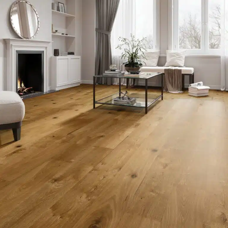 Cashel smoked oak wood flooring with a coffee table in the middle