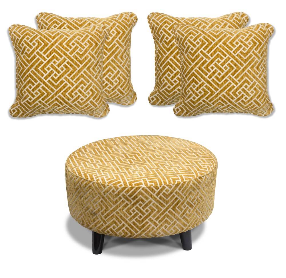 yellow cushion and footstool set on a white background