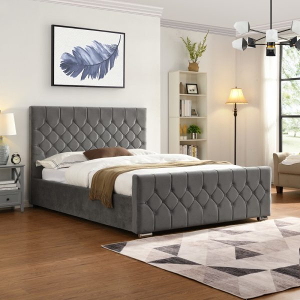 Galway grey bed frame in the middle of a bedroom with carpet