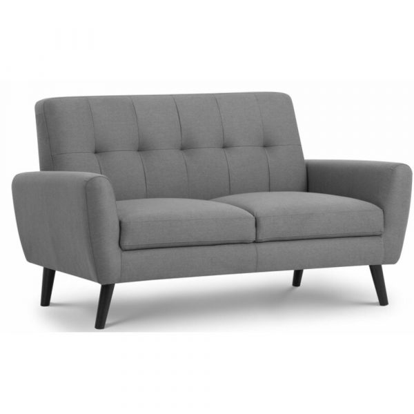 Gigi comfy grey fabric sofa with wooden legs on a white background