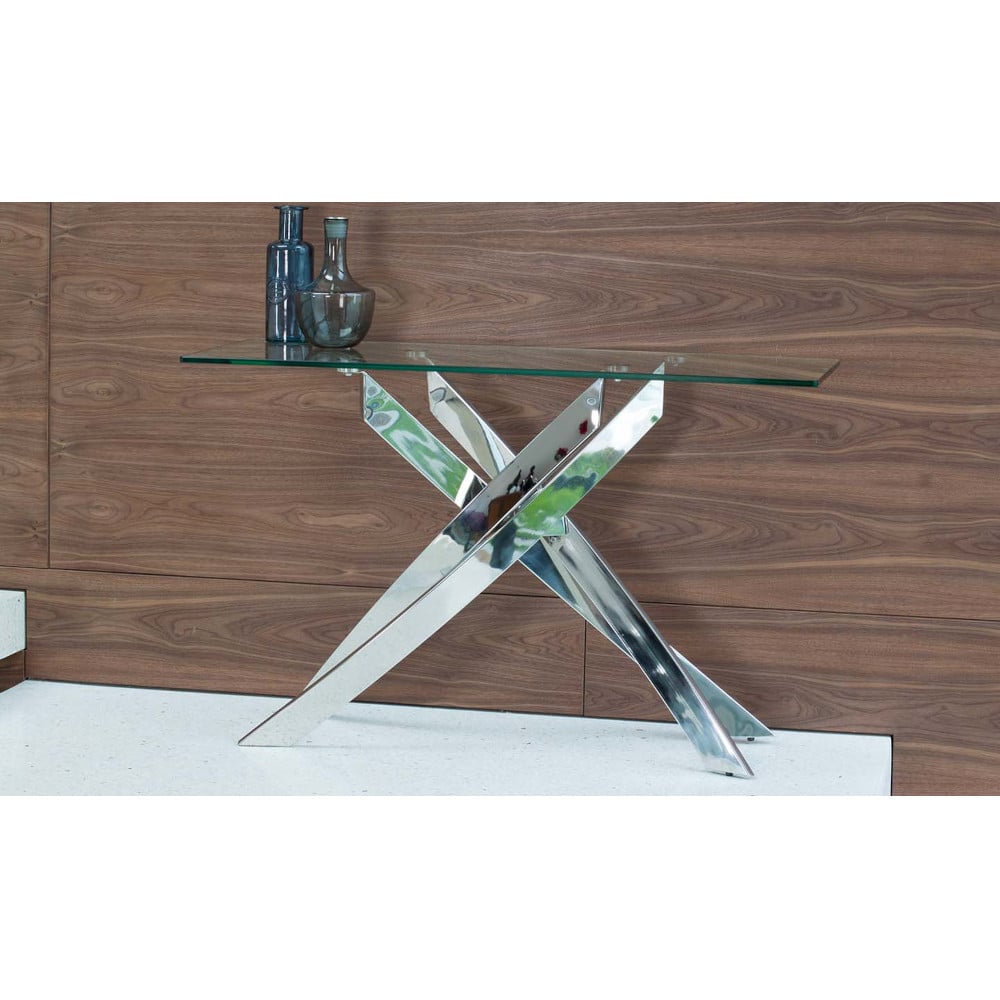 korba stainless tell console table with a glass top on vinyl flooring