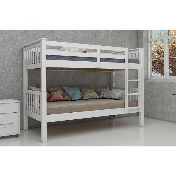 White wooden bunk bed in the middle of a bedroom