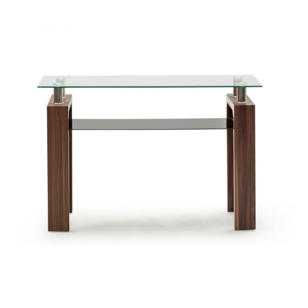 Maya console table with wooden legs and a glass table face