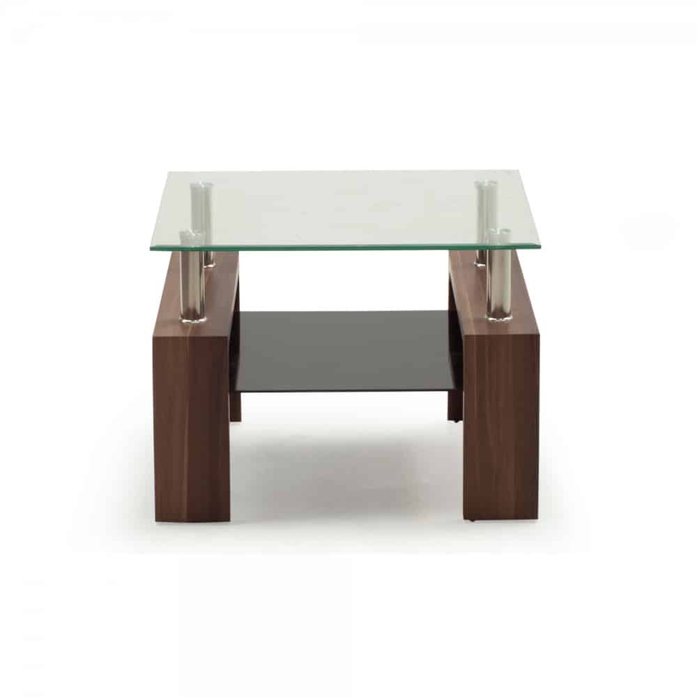 Maya glass top end table with wooden walnut legs