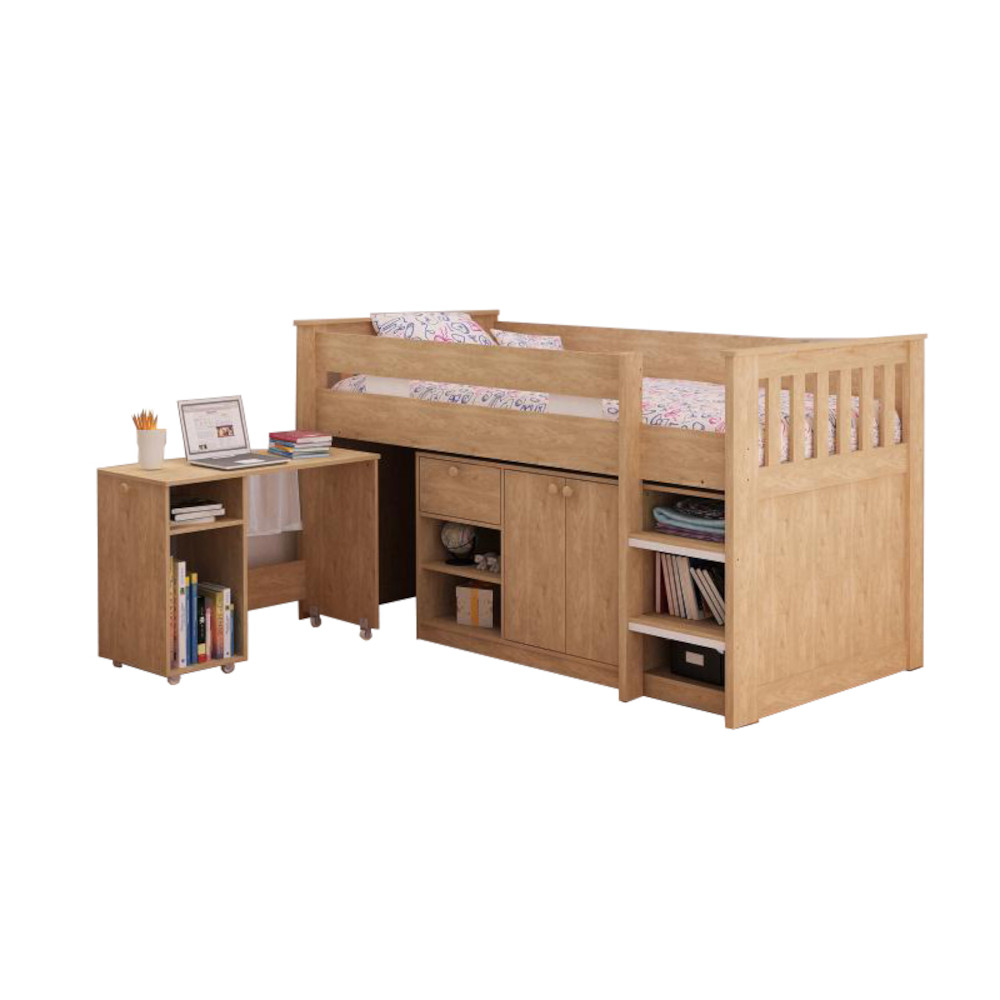 Merlin natural wood bunk bed with a desk on a white background Des Kelly