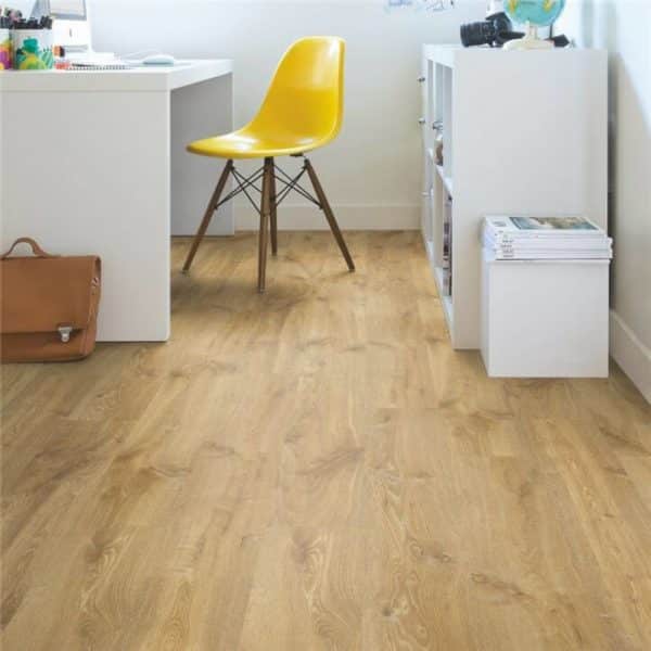 Natural oak quickstep wood flooring with a yellow desk chair