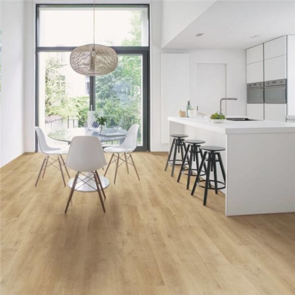 Natural Venice oak quickstep flooring with a white dining set