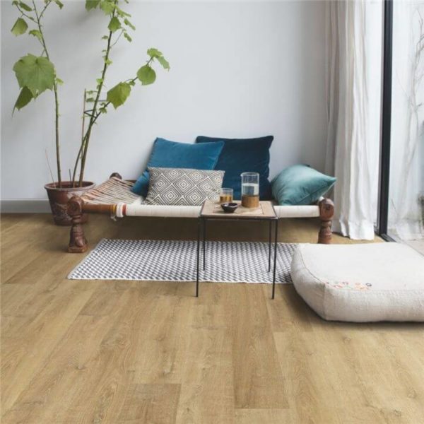Riva natural oak quickstep flooring with a coffee table and a rug