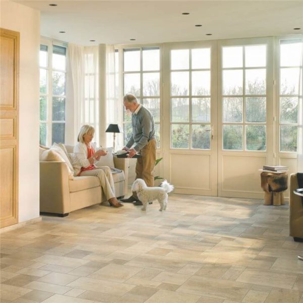 Solid wood quickstep flooring and a old couple with their dog