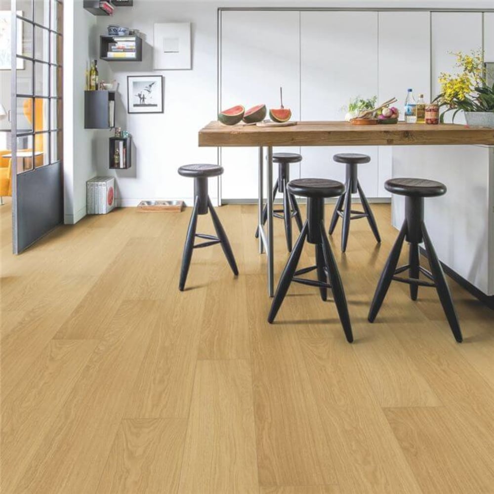 Natural varnished oak quickstep flooring with bar stools