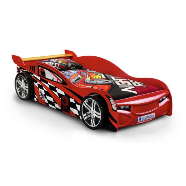 Red race car bed on a white background Des Kelly