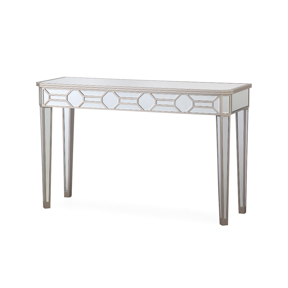 Mirror paneled console table on a white background