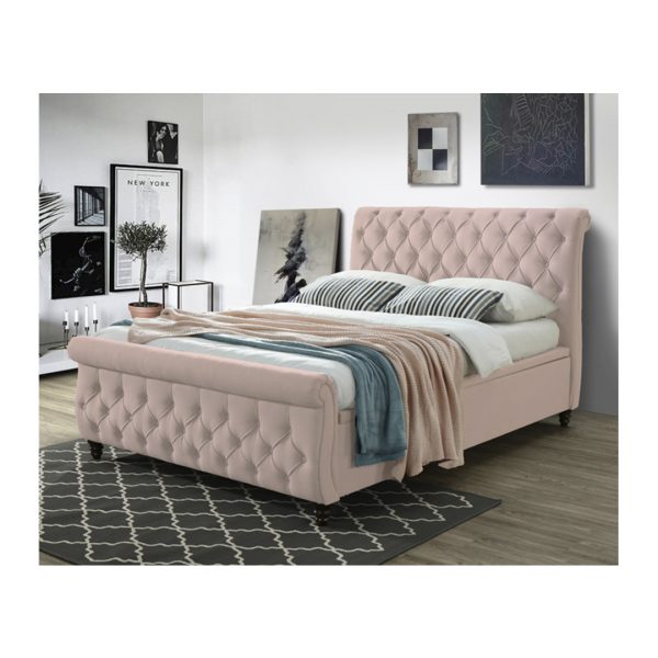 Blush Pink bed frame on top of a rug