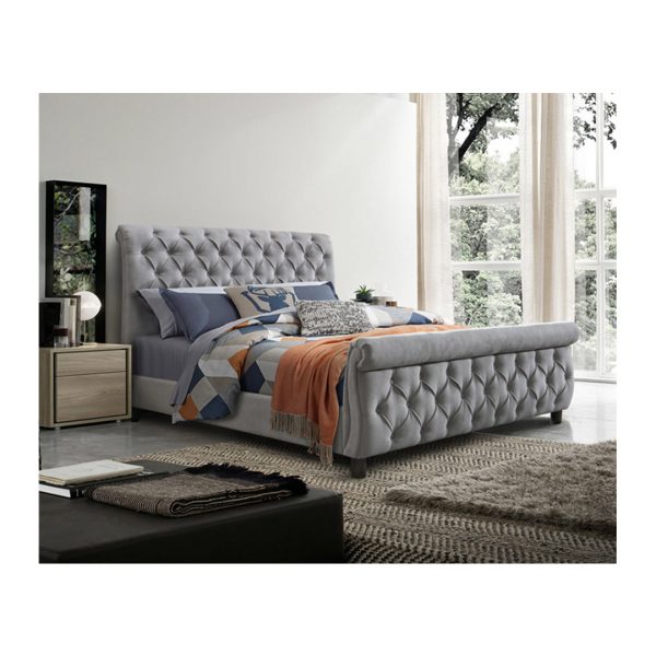 Sacha grey upholstered bed frame in a bedroom