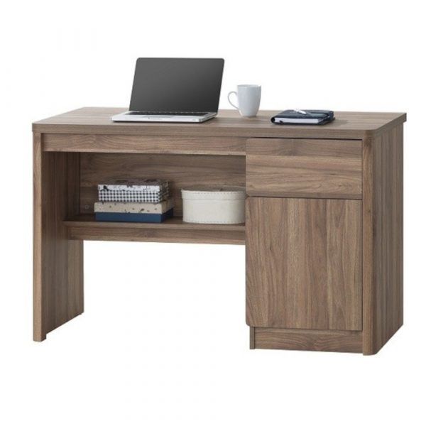 walnut study desk with storage on a white background
