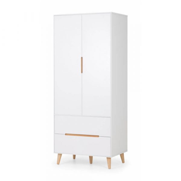Aaron white 2 drawer wardrobe with a oak finish on a white background