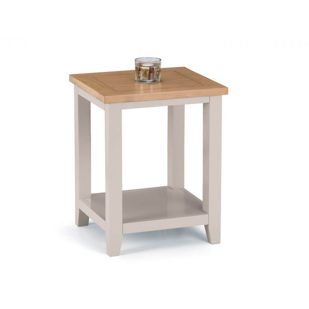Aimee grey oak lamp table with a glass on top
