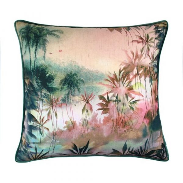 Babylon pillow with a forest print on a white background