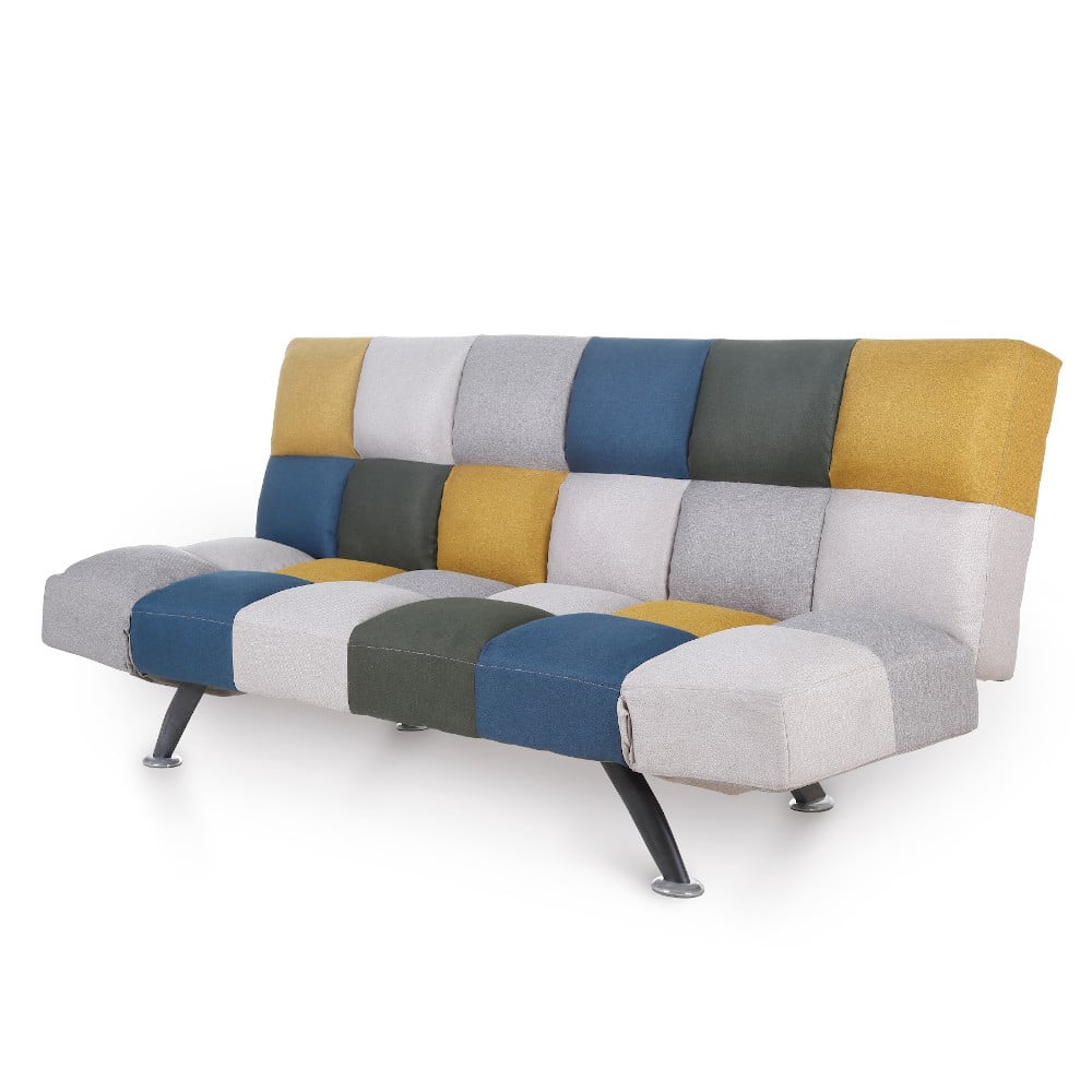 Mustard and blue sofa bed Des Kelly