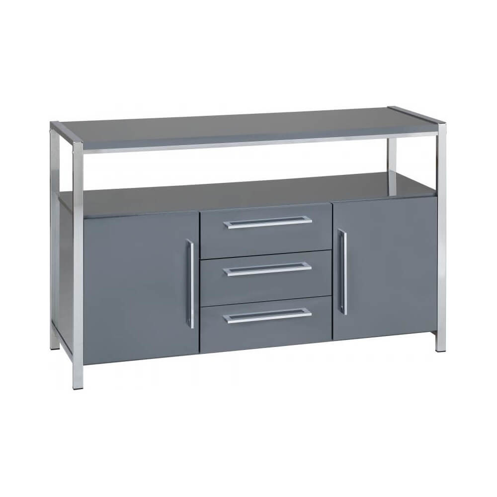 Grey side board with drawers and a silver trim