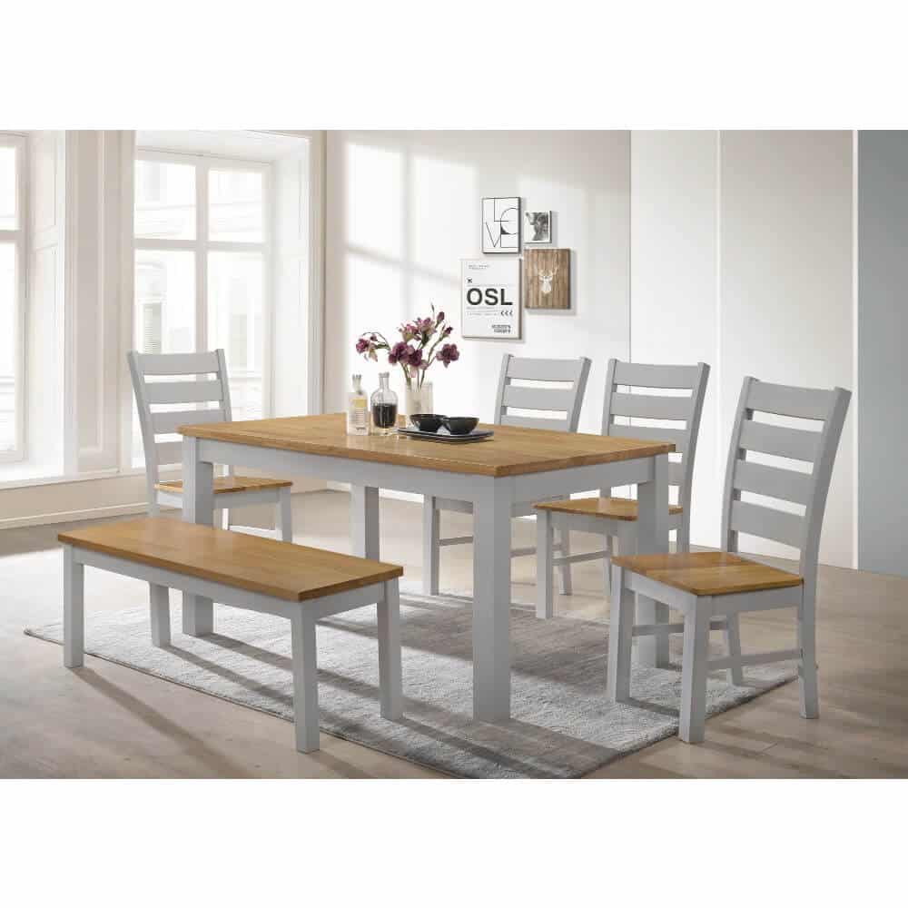 Chelsea grey wooden dining set with a bench and chairs