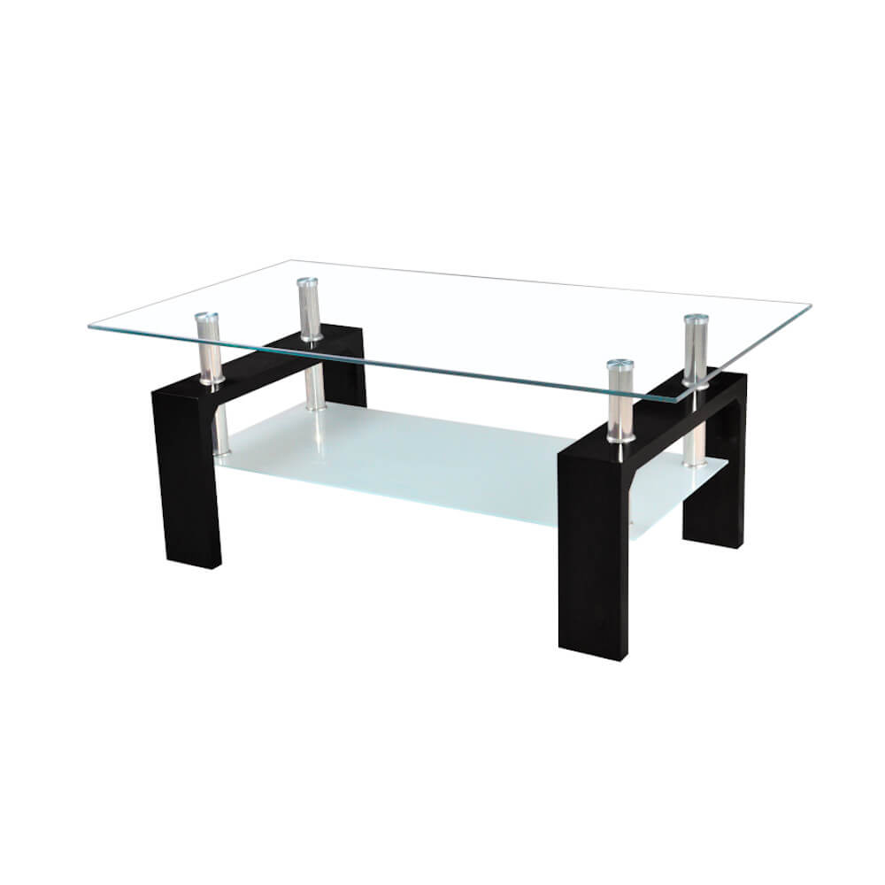 A black glass top table on a white background