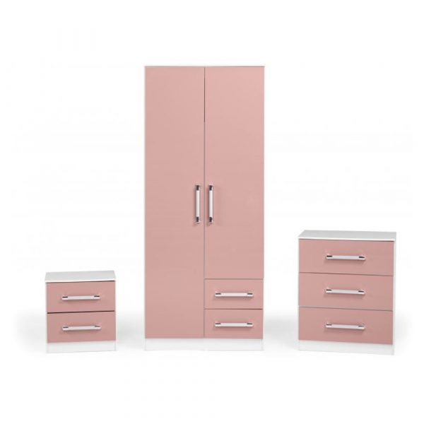 Wardrobe and matching pink chest of drawers on a white background