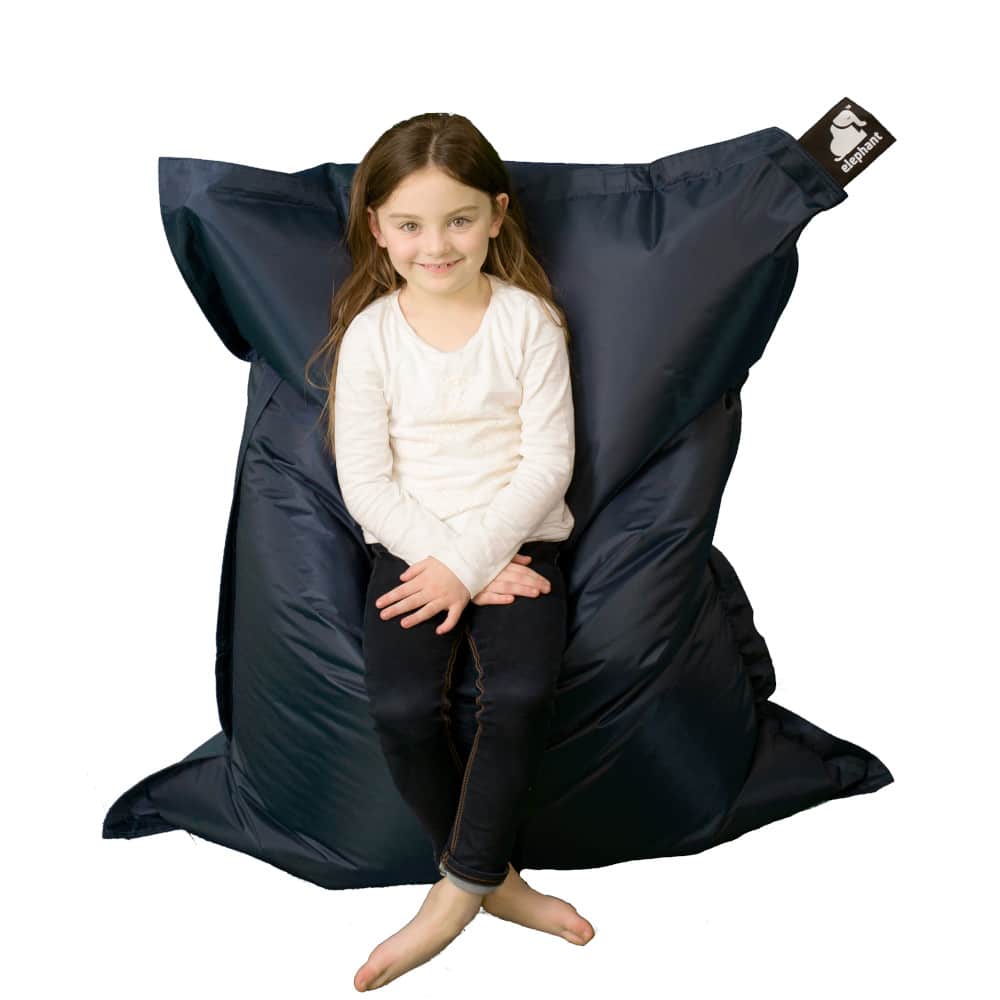 Junior midnight blue bean bag with a little girl sitting on it