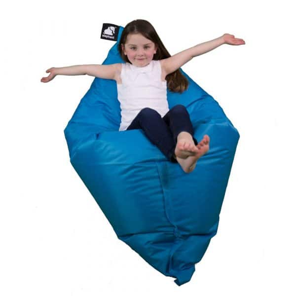 Junior turquoise bean bag with a child smiling sitting on it