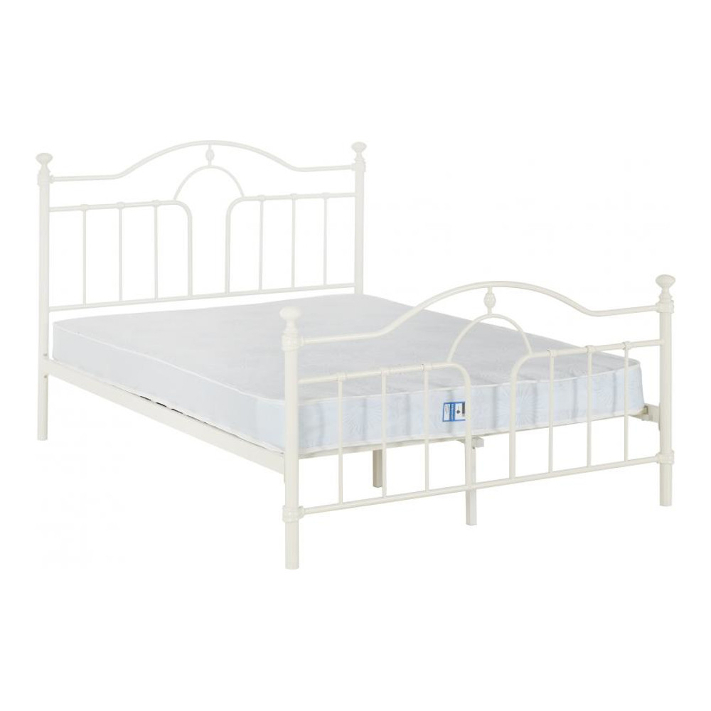 Double white metal bed frame on a white background
