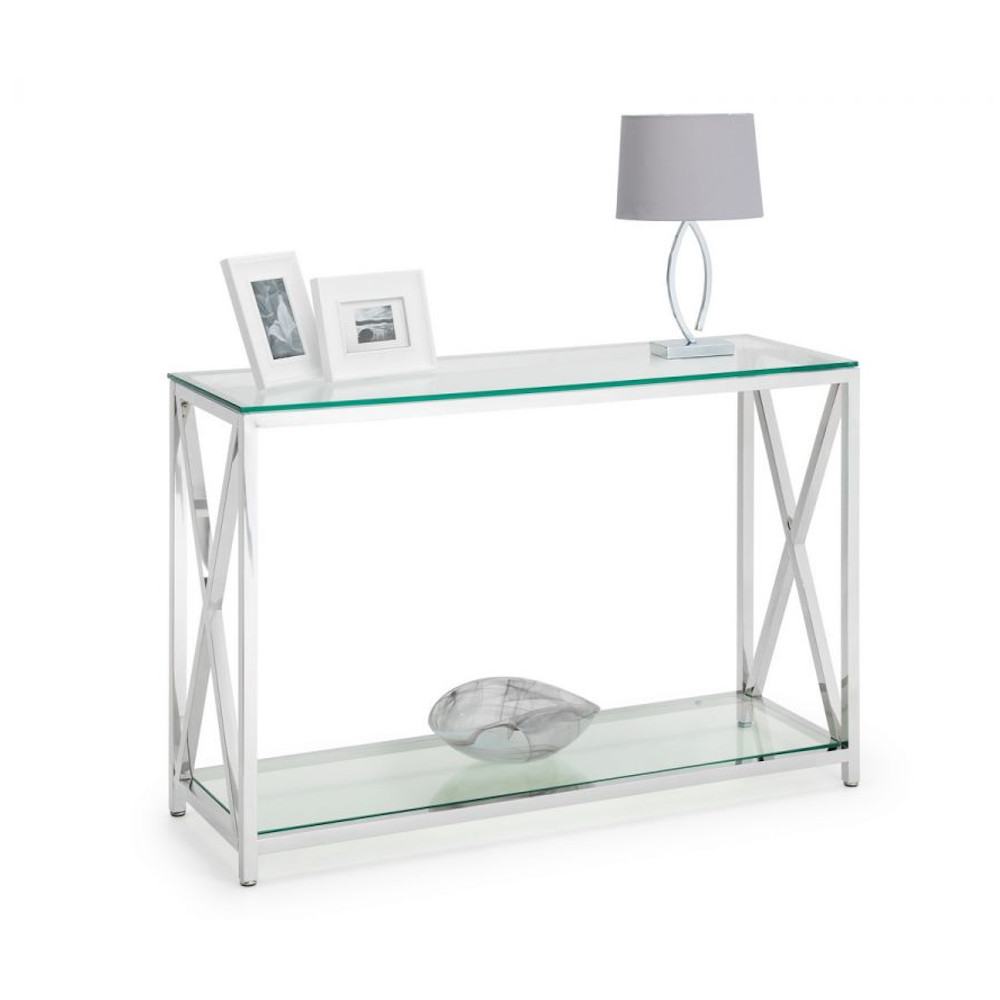 Miami glass console table on a white background