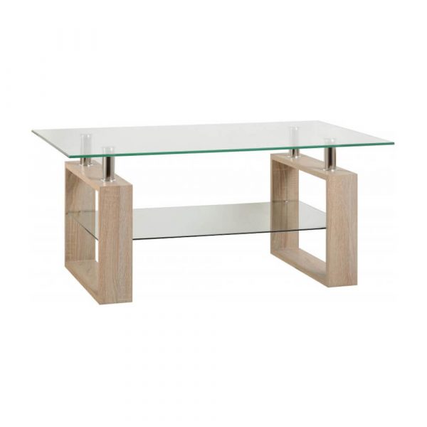 Glass top coffee table with wooden legs on a white background