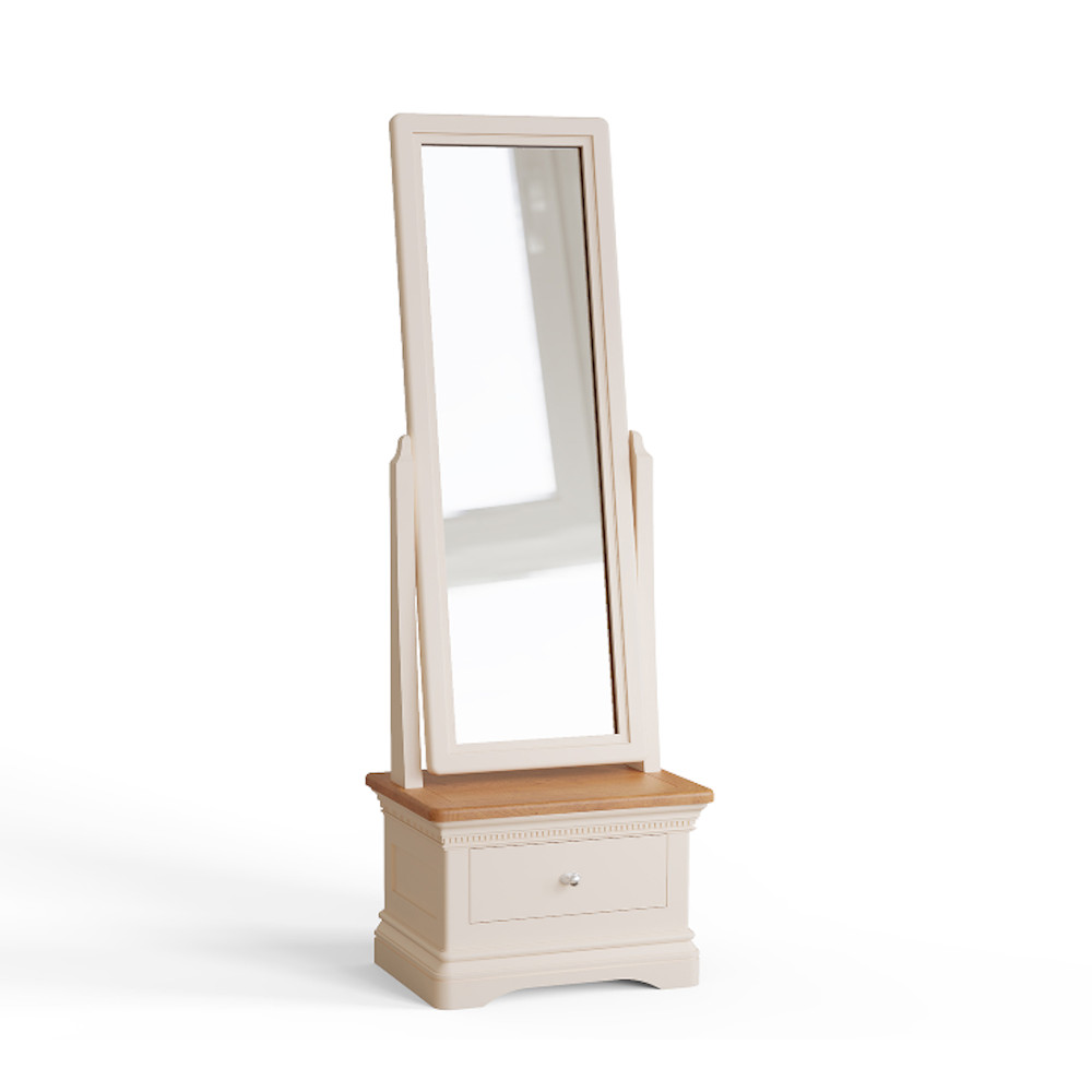 Winchester cheval mirror with a drawer on a white backdrop