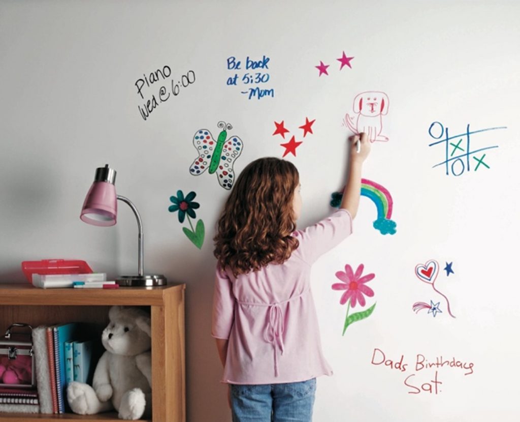 A little girls drawing on her feature wall