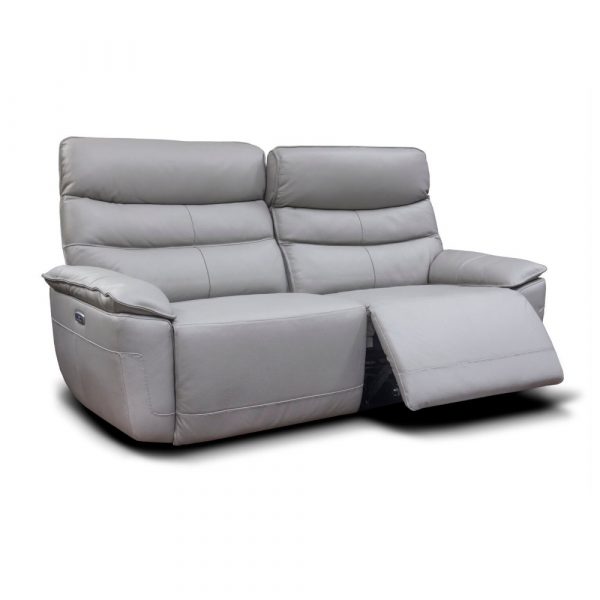 Light grey 2 seater recliner sofa on a white backdrop
