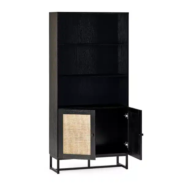 Padstow Tall Bookcase Black Open Doors jpg
