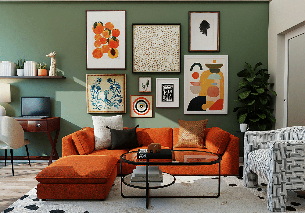 green living room orange sofa